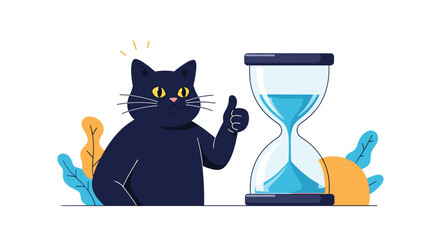A charming illustration features a dark blue cat giving a thumbs up next to a clear hourglass filled with blue sand, symbolizing patience and good timing.