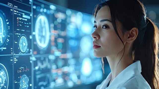 Pensive Asian Woman Doctor in White Lab Coat Looking at Multiple Blue Medical Scans in Modern Lab with Dark Background Lighting - Powered by Adobe