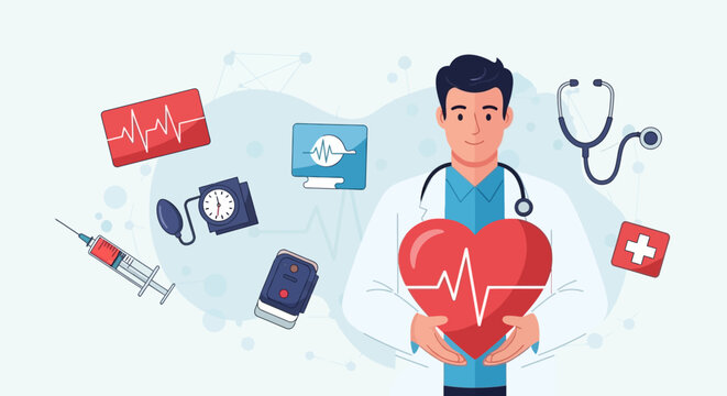 Doctor holding heart symbol surrounded by medical equipment and icons, representing cardiology, healthcare, and medical services - Powered by Adobe