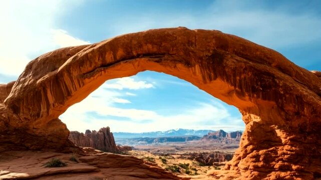 Natural sandstone arch in a desert landscape under a clear blue sky