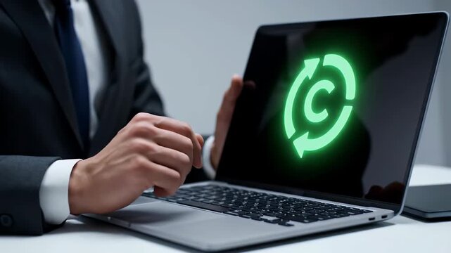 Man in Black Suit Typing on Silver Laptop with Green Copyright Symbol on Screen in Bright Lighting at a Desk Adobe Stock Photo