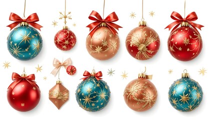 set of christmas ball decoration with red and gold ribbon and stars isolated on white or transparent png