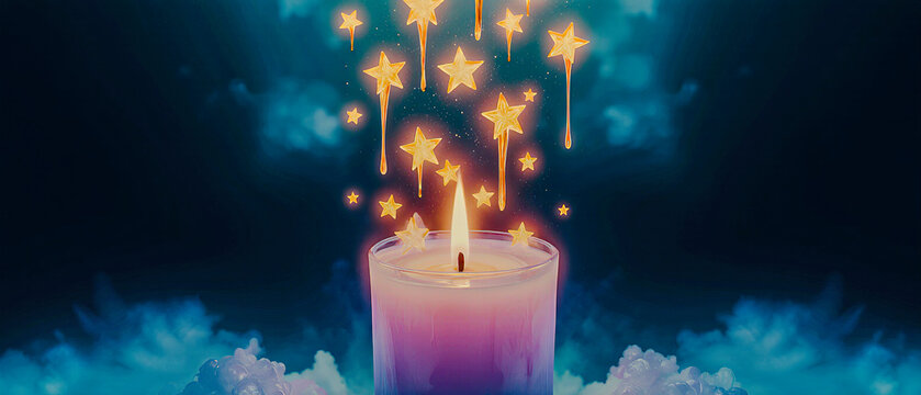 A lit candle whose wax melts into tiny glowing stars falling upward. - Powered by Adobe