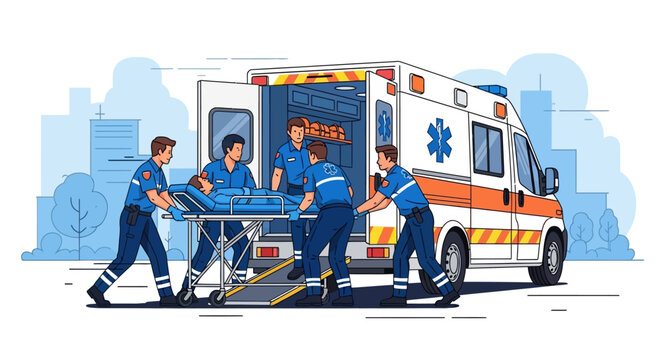 Paramedics in uniform loading patient on stretcher into an ambulance, emergency medical services concept