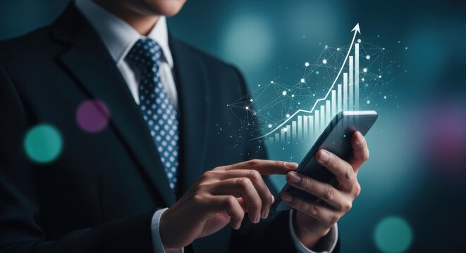 Businessman analyzes stock market data on smartphone with rising graph showing business growth and financial success