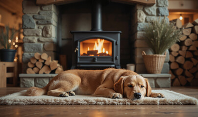 Peaceful Golden Retriever – Cozy Mountain Cabin Scene with Warm Stove for Winter Comfort and Lifestyle Blogs
