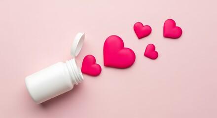 Love pills concept with hearts spilling from a white medicine bottle