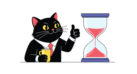 A sophisticated black cat in a business suit gives a thumbs up next to an hourglass, holding a yellow mug of coffee, symbolizing time management.
