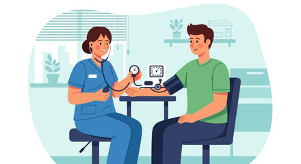 Nurse is taking patients blood pressure using stethoscope and sphygmomanometer in medical office, illustrating routine health checkup and patient care