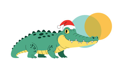 Obraz premium A cheerful cartoon crocodile wearing a Santa hat and looking to the side, set against a colorful abstract background, perfect for holiday illustrations.