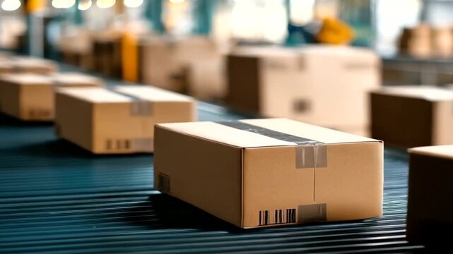 Cardboard boxes on a conveyor belt in a warehouse, logistics and shipping industry