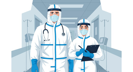 Male and female healthcare worker in full protective suits, face shields, and masks stand in hospital hallway, one holding stethoscope and the other clipboard
