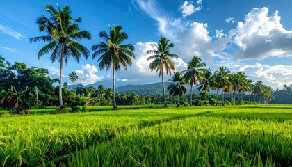 A vibrant green rice field stretches towards a line of tall palm trees and distant mountains under a blue sky with dramatic clouds.