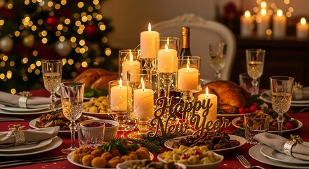 Fototapeta premium A festive holiday table setting with candles and a Christmas tree
