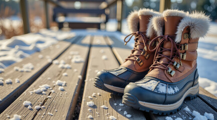 Winter Hiking Boots – Weathered Leather Footwear with Snow Traces for Outdoor Adventure and Travel Blogs