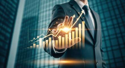 Businessman touching a rising graph in front of office building illustrating growth success performance and financial business analytics