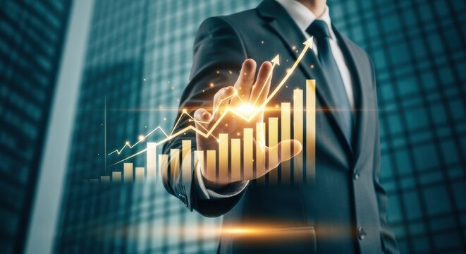 Businessman touching a rising graph in front of office building illustrating growth success performance and financial business analytics