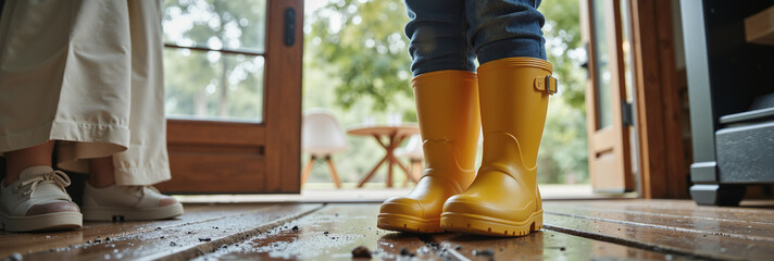 Rainy Day Entrance – Child's Yellow Boots on Rustic Wooden Floor for Home Lifestyle and Seasonal Mood Presentations