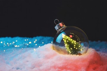 Clear bauble showcasing a tiny illuminated tree is placed atop white, glittery snow pile