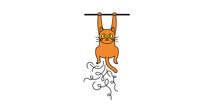 An adorable orange tabby cat playfully hangs upside down from a bar, its tail and paws dangling with a whimsical, carefree expression.