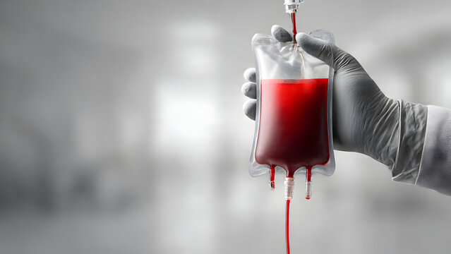 Photorealistic close-up hand in grey surgical glove holding blood bag, modern minimalist laboratory background