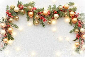 Christmas pine branches and ornaments with golden balls are glowing on white snow background