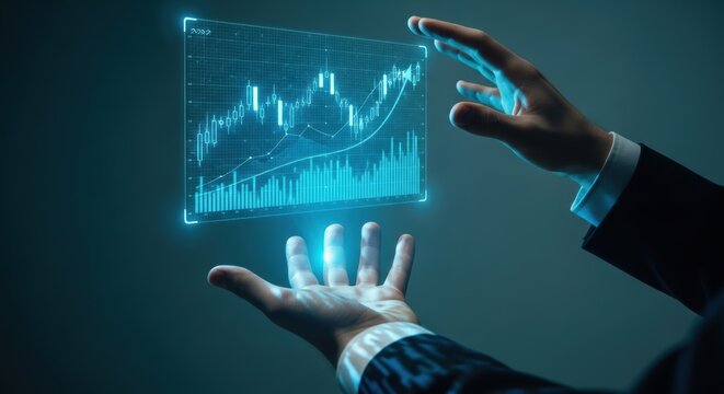Financial analyst visualizing stock market data with glowing digital graph for business growth and investment strategy planning