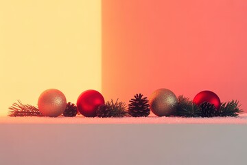 Golden and red Christmas balls with pinecones create a festive against gradient backdrop
