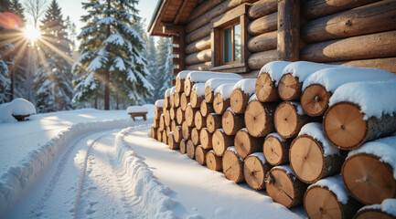 Snowy Woodpile – Rustic Firewood Stack with Winter Cabin Backdrop for Cozy Lifestyle and Rural Aesthetic Blogs