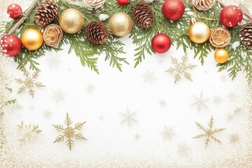 Ornamented evergreen branches and glittering snowflakes create festive holiday frame with red and gold baubles