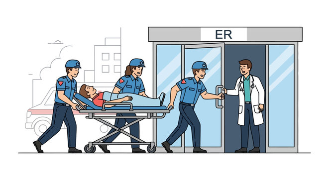 Paramedics in uniform wheeling patient on stretcher into an emergency room entrance, greeted by doctor in coat and stethoscope