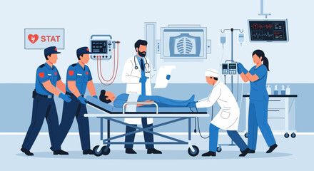 Emergency medical team working together to save patient in the emergency room, with paramedics, doctors, and nurses providing urgent care and medical attention