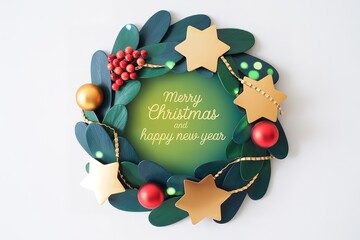 Merry Christmas and Happy New Year greetings are centered in the wreath background