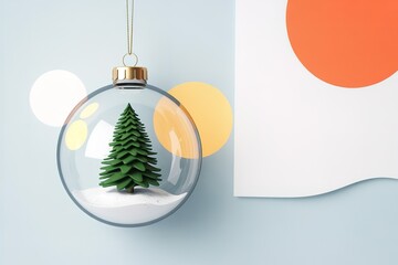 Christmas tree inside a snow globe ornament hangs near curved white surface