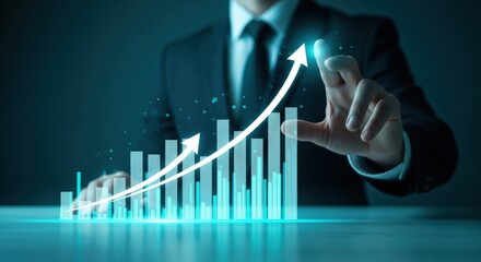 Business growth shown through a rising chart as a businessman interacts with the projected bar graph for financial success