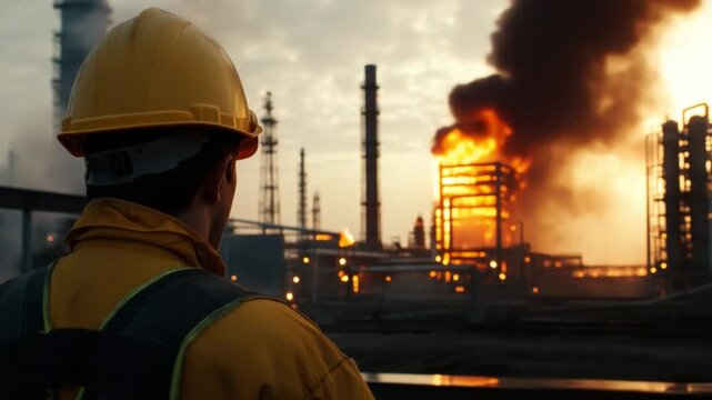 Industrial Inferno: An industry worker gazes upon a blazing factory inferno, witnessing the destructive force of a massive industrial accident and the environmental consequences.