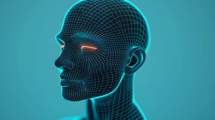 A 3D wireframe model of a humanoid head with glowing eyes. - Powered by Adobe