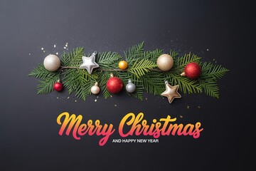 Merry Christmas lettering over pine branches adorned with ornaments creates a festive atmosphere