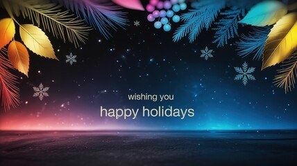 Ornate leaves and gentle snowflakes adorn a festive wishing you happy holidays season greeting