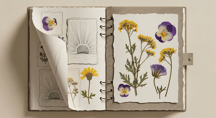 Open herbarium journal filled with pressed flowers and botanical sketches creative hobby concept