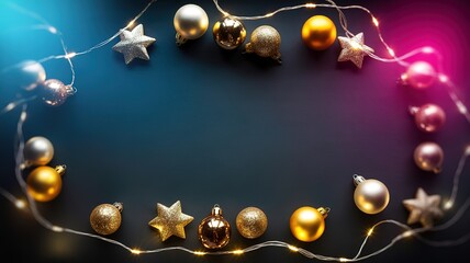 Golden ornaments and star shaped decorations are illuminated by string lights on a dark surface