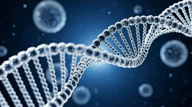 Animated D N A helix structure rotating in deep blue space with glowing cells and particles - Powered by Adobe