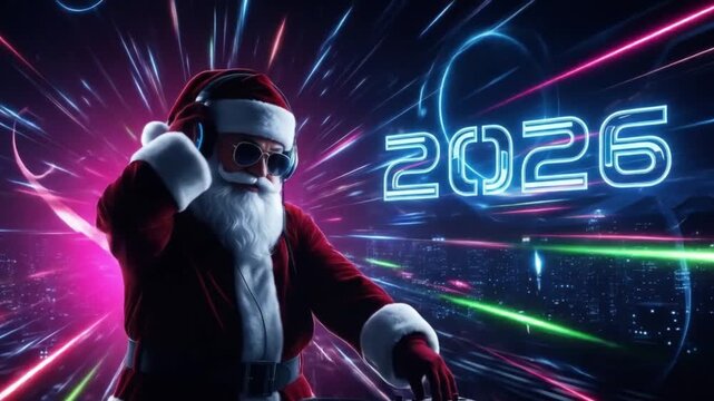 DJ Santa Claus plays music on headphones against the backdrop of neon lights and a glowing 2026 sign, Animated New Year Wallpaper - Powered by Adobe