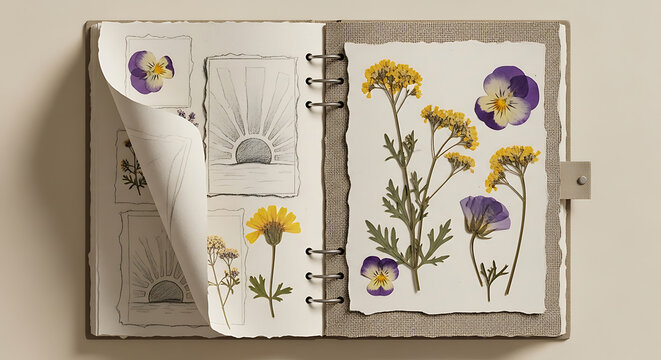 Open herbarium journal filled with pressed flowers and botanical sketches creative hobby concept