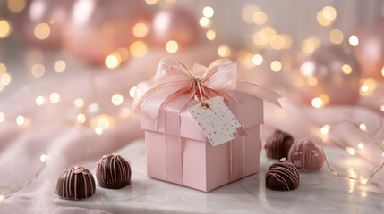 Romantic gift box with chocolates, perfect for Valentine's Day celebrations. A beautiful pink gift box with chocolates and a ribbon, ideal for a romantic evening or special occasion