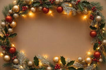 A golden and red ornament border with light, greenery, and berries frames beige
