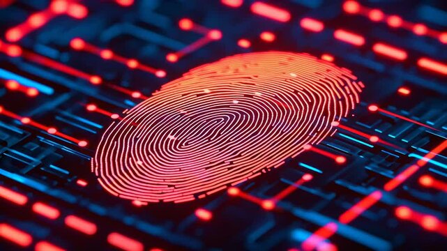 A digital fingerprint design with vibrant red and blue patterns.