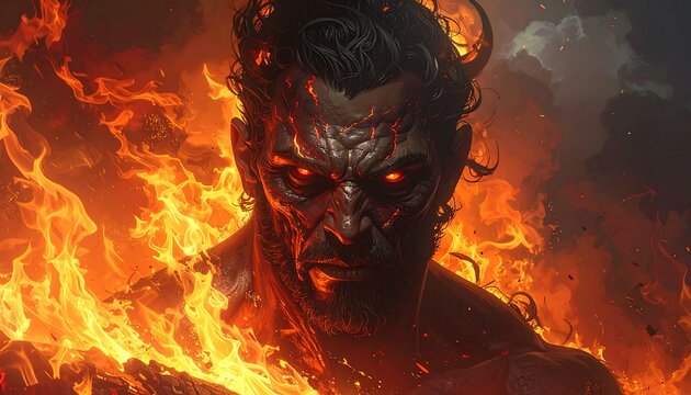 Fiery demon with glowing eyes emerges from intense flames.