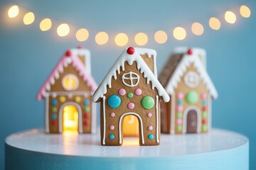 Three festive gingerbread houses decorated with icing stand on a frosted platform against blue