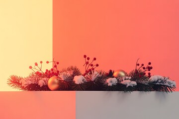 Evergreen boughs layered with snow and red berries are offset by gold ornaments and color blocks